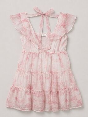 STORIA Pink Floral Tiered Mini Dress Ruffle Tie Back Cottagecore Coquette Size S